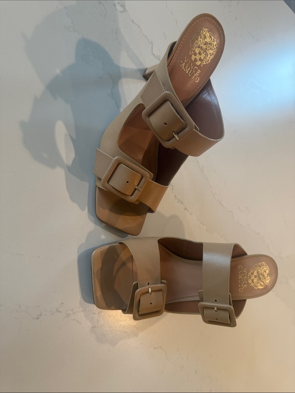 Vince Camuto Beige Double Buckle Slide Mules